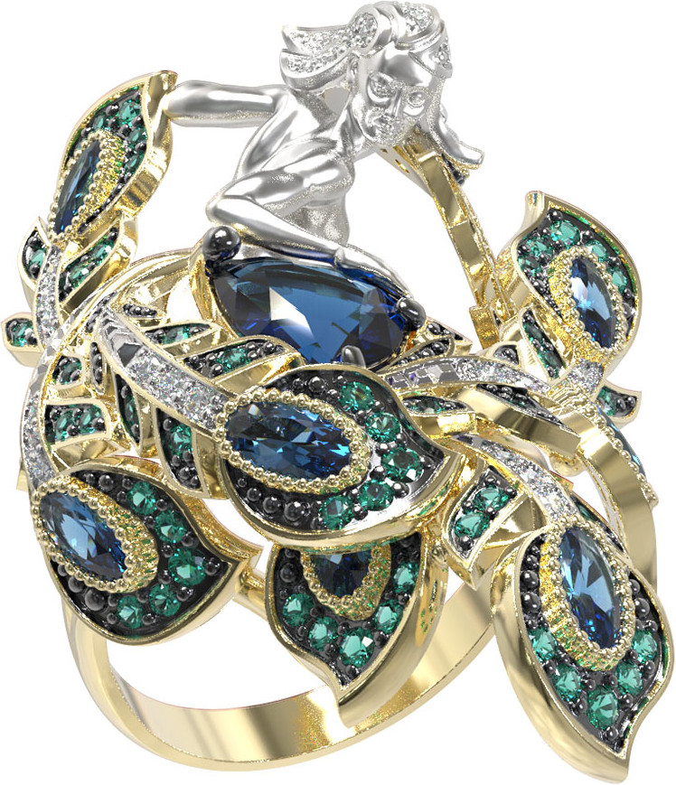 Кольцо Мифология из лимонного золота 585 пробы с фианитом и топазом London Blue