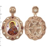 Нательная икона из красного золота 585 пробы с эмалью, жемчугом, кораллом и перламутром
