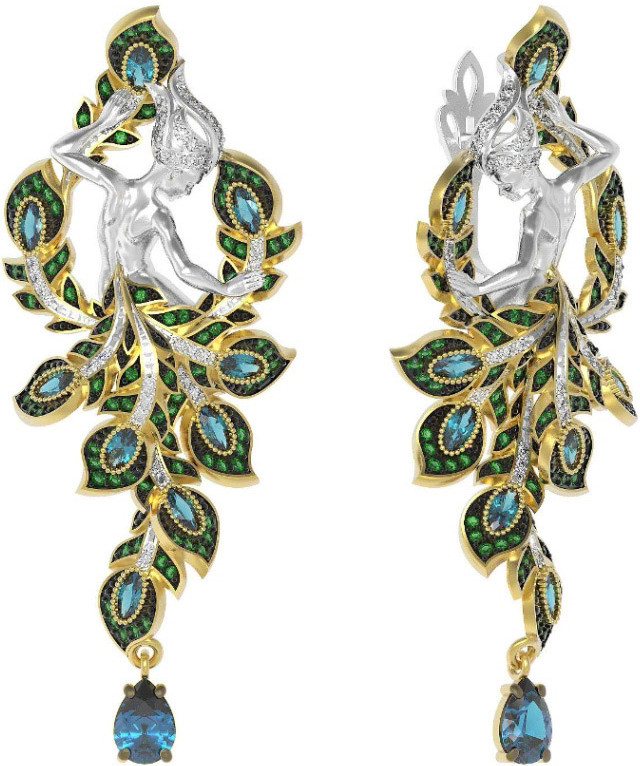 Серьги Мифология из лимонного золота 585 пробы с фианитом и топазом London Blue