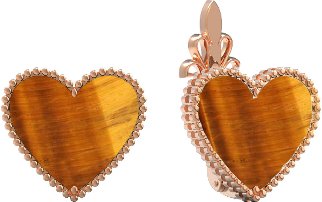 Серьги Сердца из красного золота 585 пробы с тигровым глазом