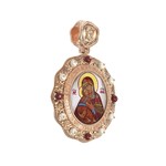 Нательная икона из красного золота 585 пробы с эмалью, жемчугом, кораллом и перламутром