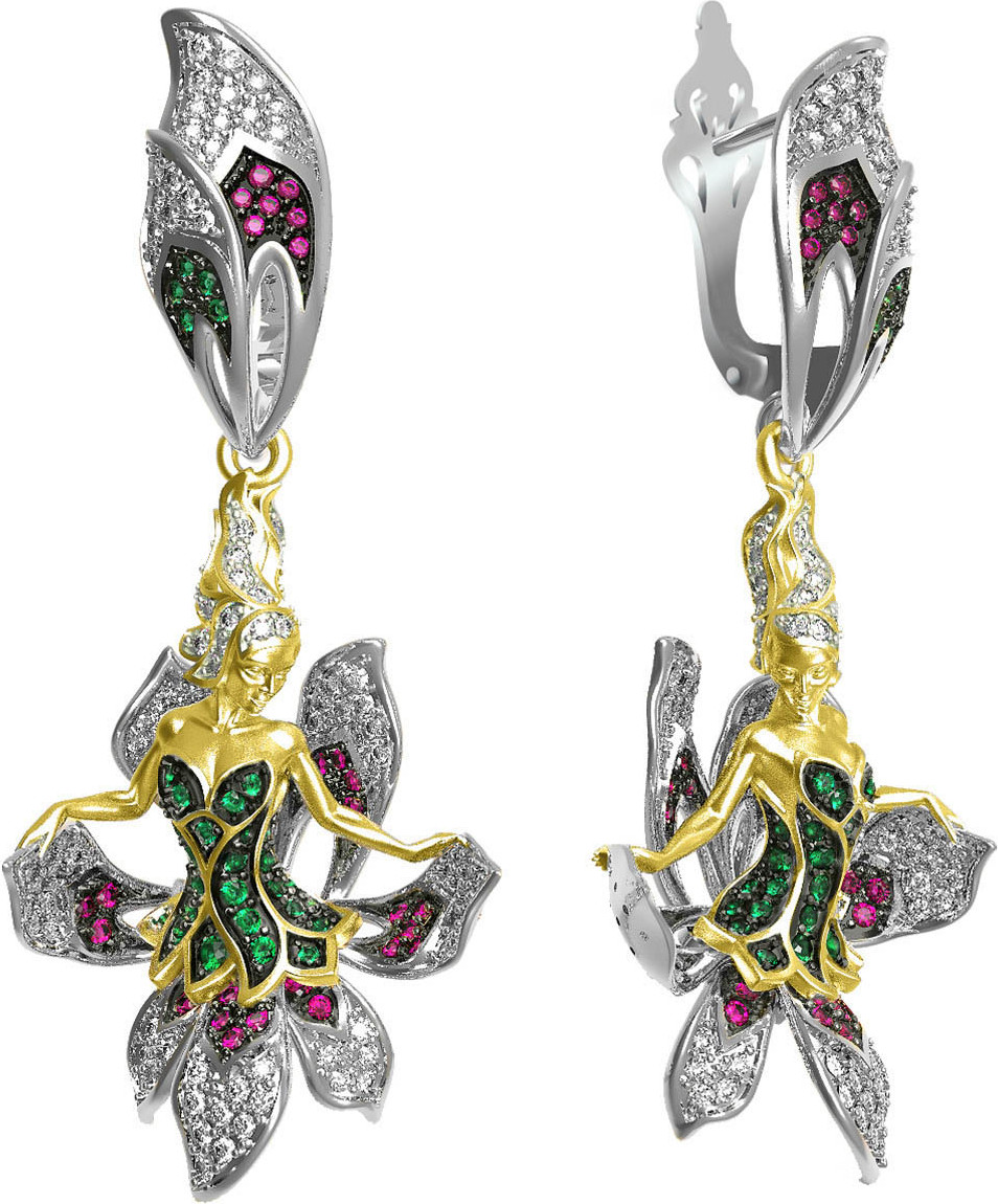 Серьги Мифология из белого золота 585 пробы с фианитом