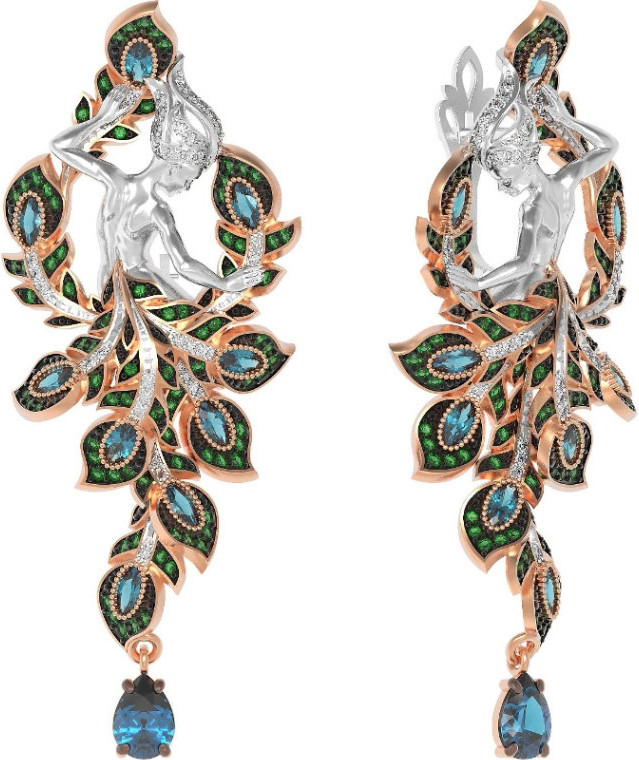 Серьги Мифология из красного золота 585 пробы с фианитом и топазом London Blue